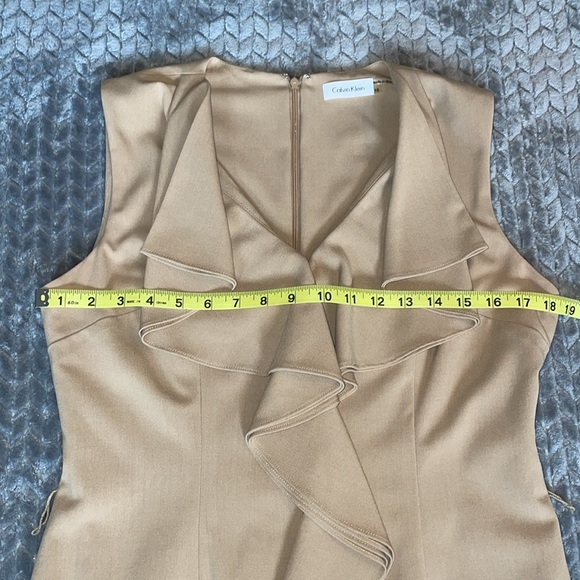 Anthropologie Calvin Klein Tan Ruffle Front Sleeveless Midi Dress.   Size 10. - Picture 10 of 13